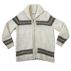 VTG Hand Made Chunky Knit Fisherman Full Zip Cozy Sweater Cardigan Cream Brown